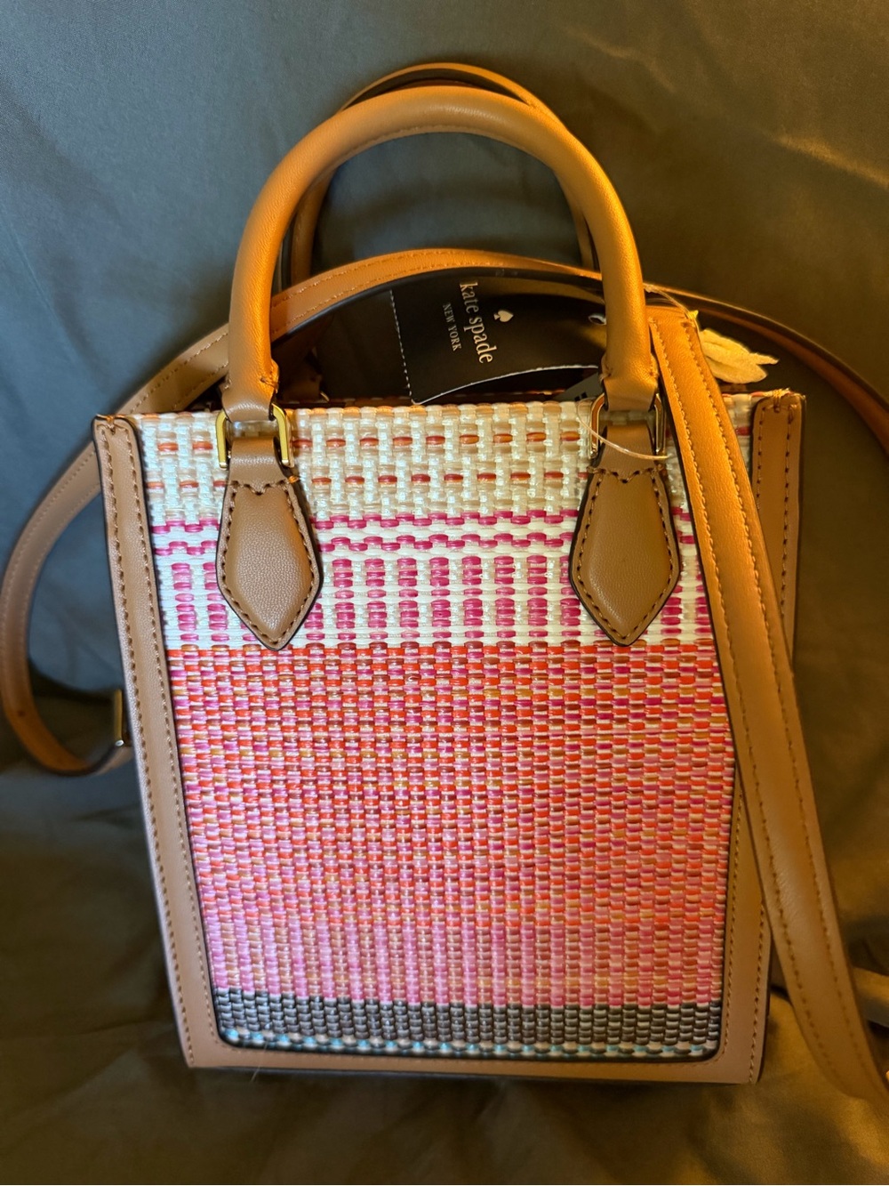 NWT Kate Spade Ellie Mini Woven Tote Crossbody Pink Orange Striped KL560 - Picture 4 of 5